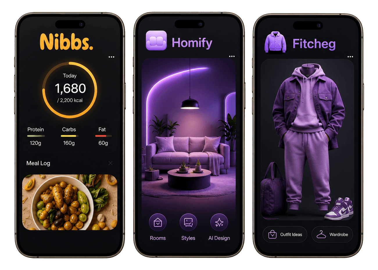 Nibbs, Homify, and Fitcheg app cards